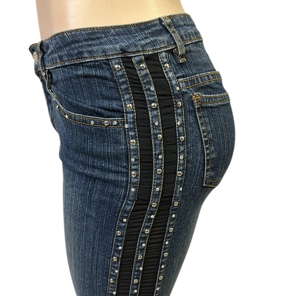 Platinum Plush Straight Leg Denim Studded Rhinestone Tuxedo Stripe Blue Jeans 7 - Picture 6 of 10
